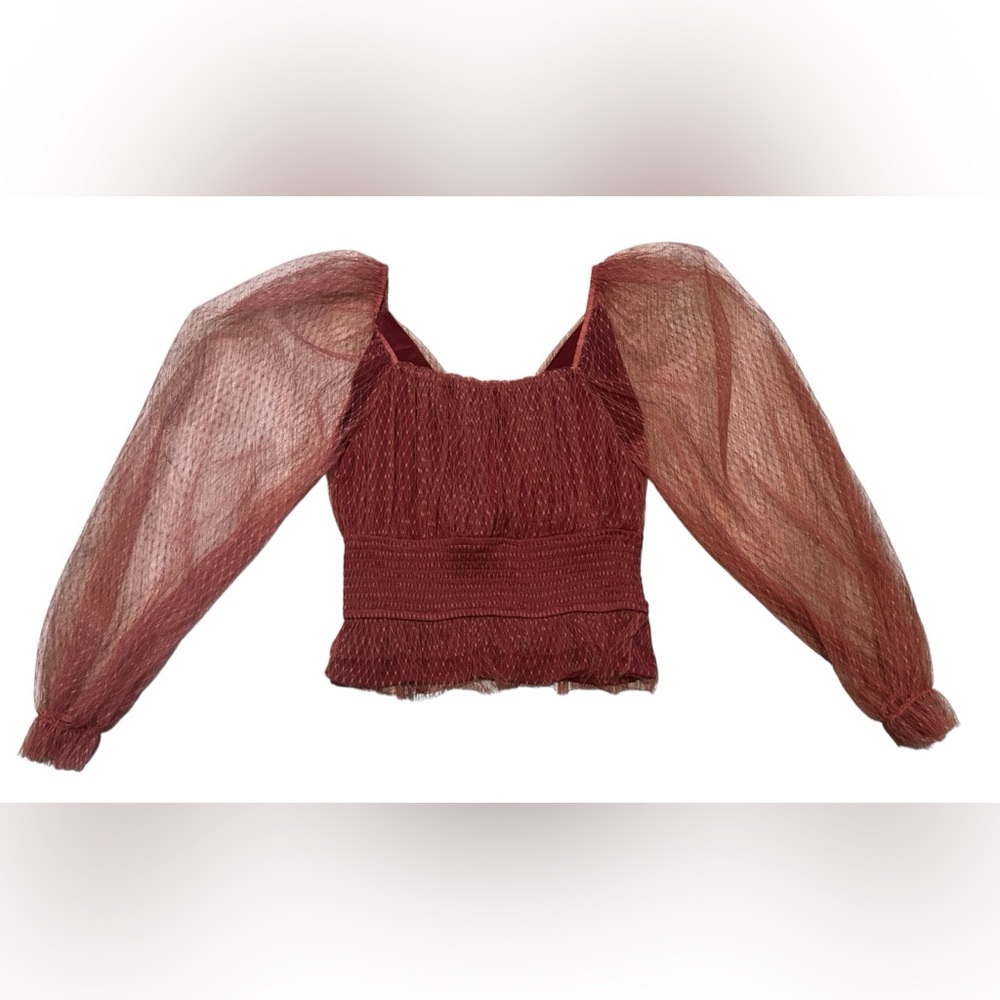 Anthropologie Red Textured Blouse with Sheer Sleeves - Picture 3 of 10
